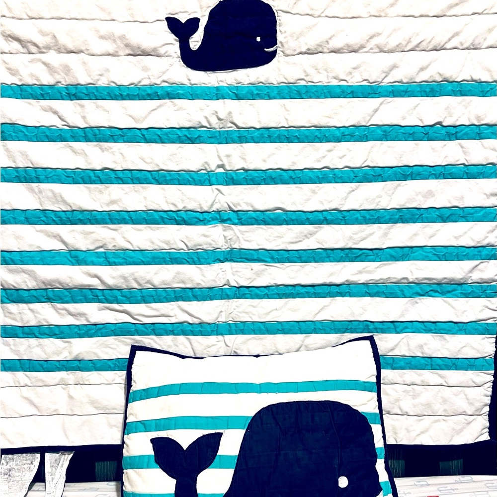 PB quilt and decorative pillow sham for crib and sailboat theme crib mobile.